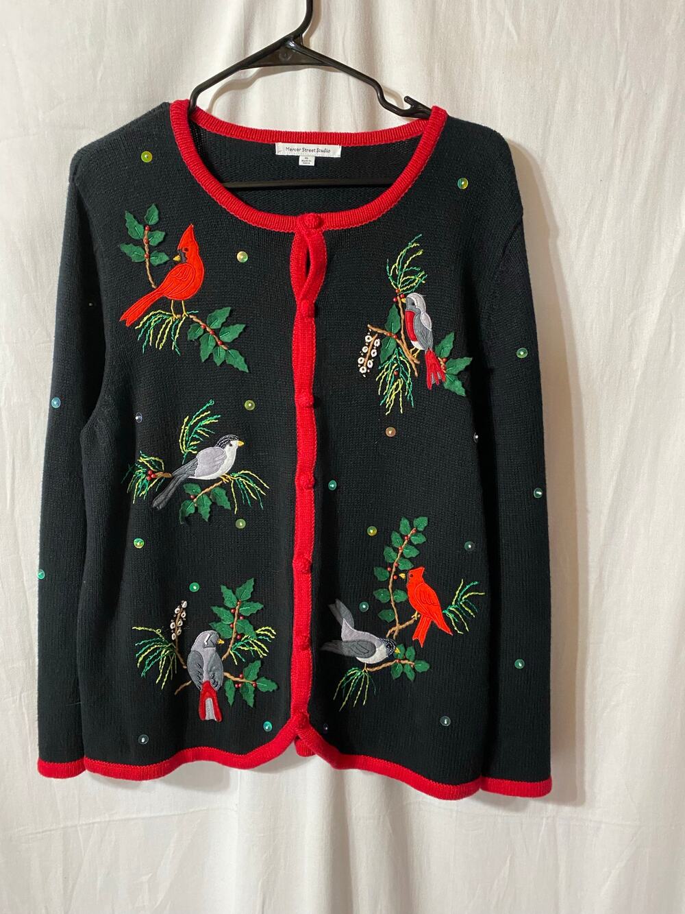 Mercer Street Studio Black Cardigan Embroidered Beaded Birds Grannycore XL